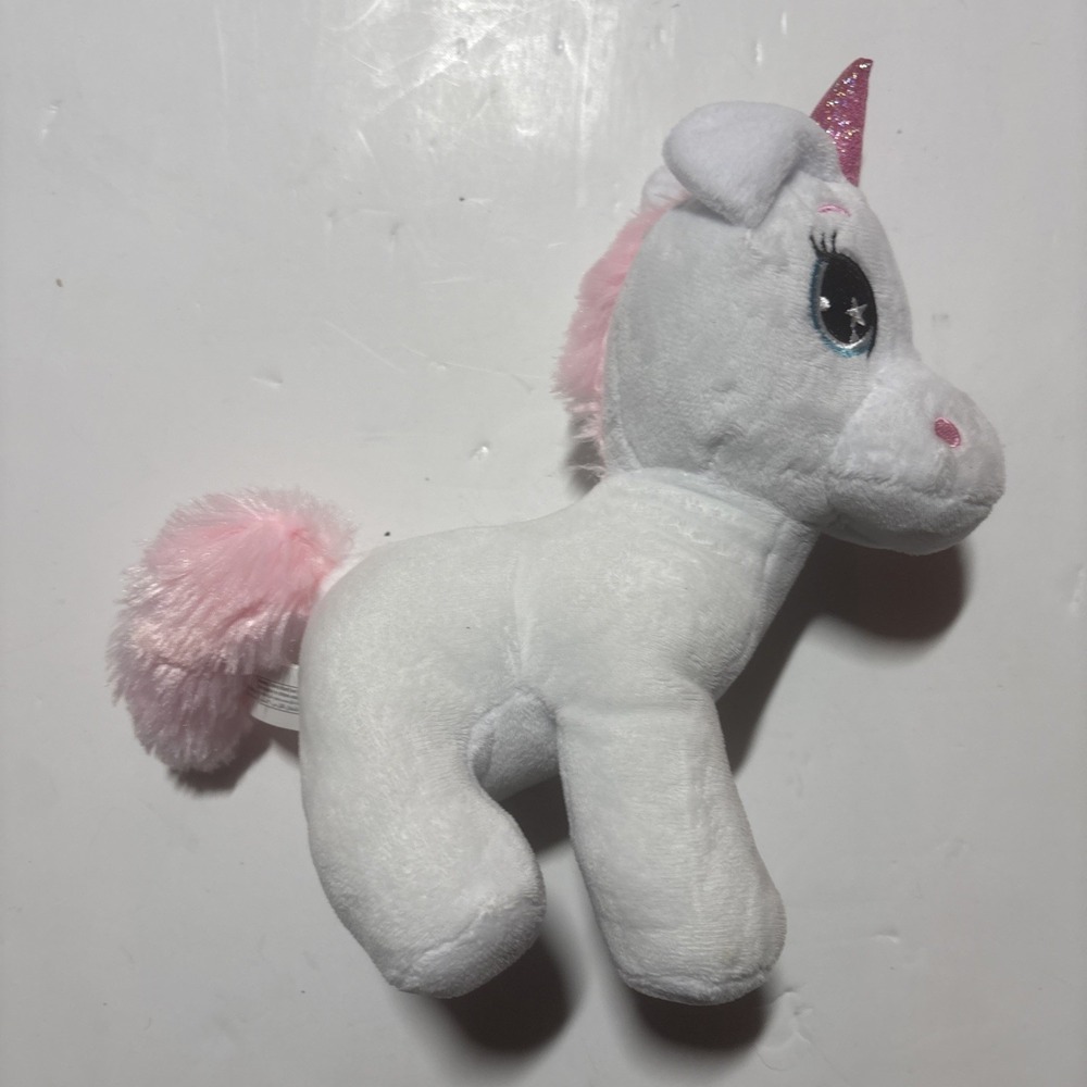 Unicorn Plush White With Pink Horn Mane And Tail Sitting 9" Tall Clean